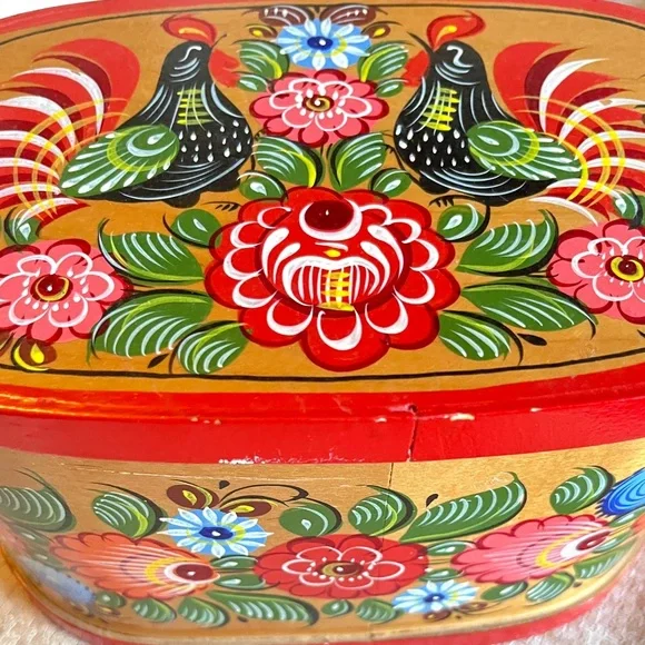 Hand Painted Bentwood Box Vintage Russian Folk Art Norway Rosemaling Floral Box - Picture 4 of 8